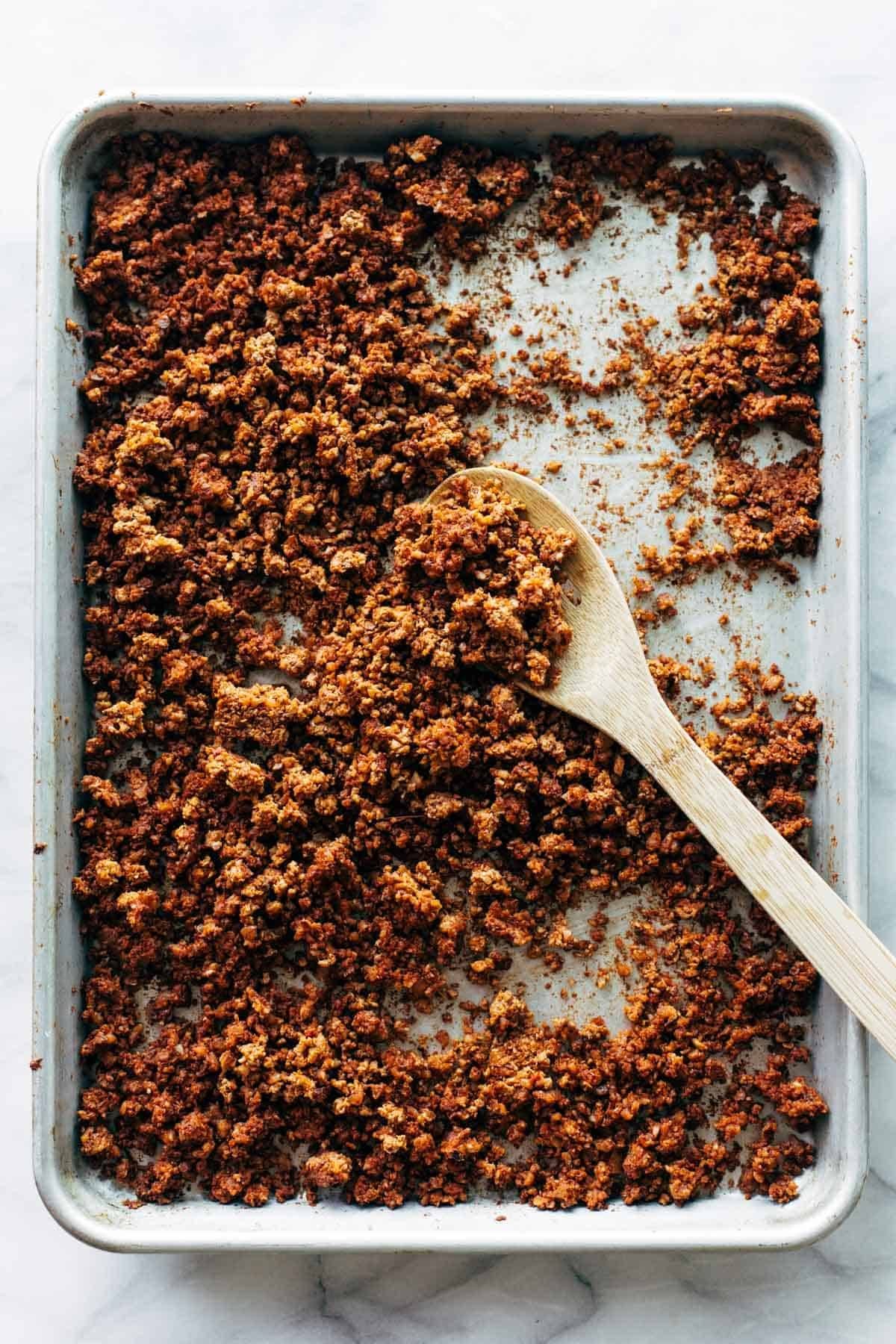 Cauliflower walnut taco meat on a sheet pan.