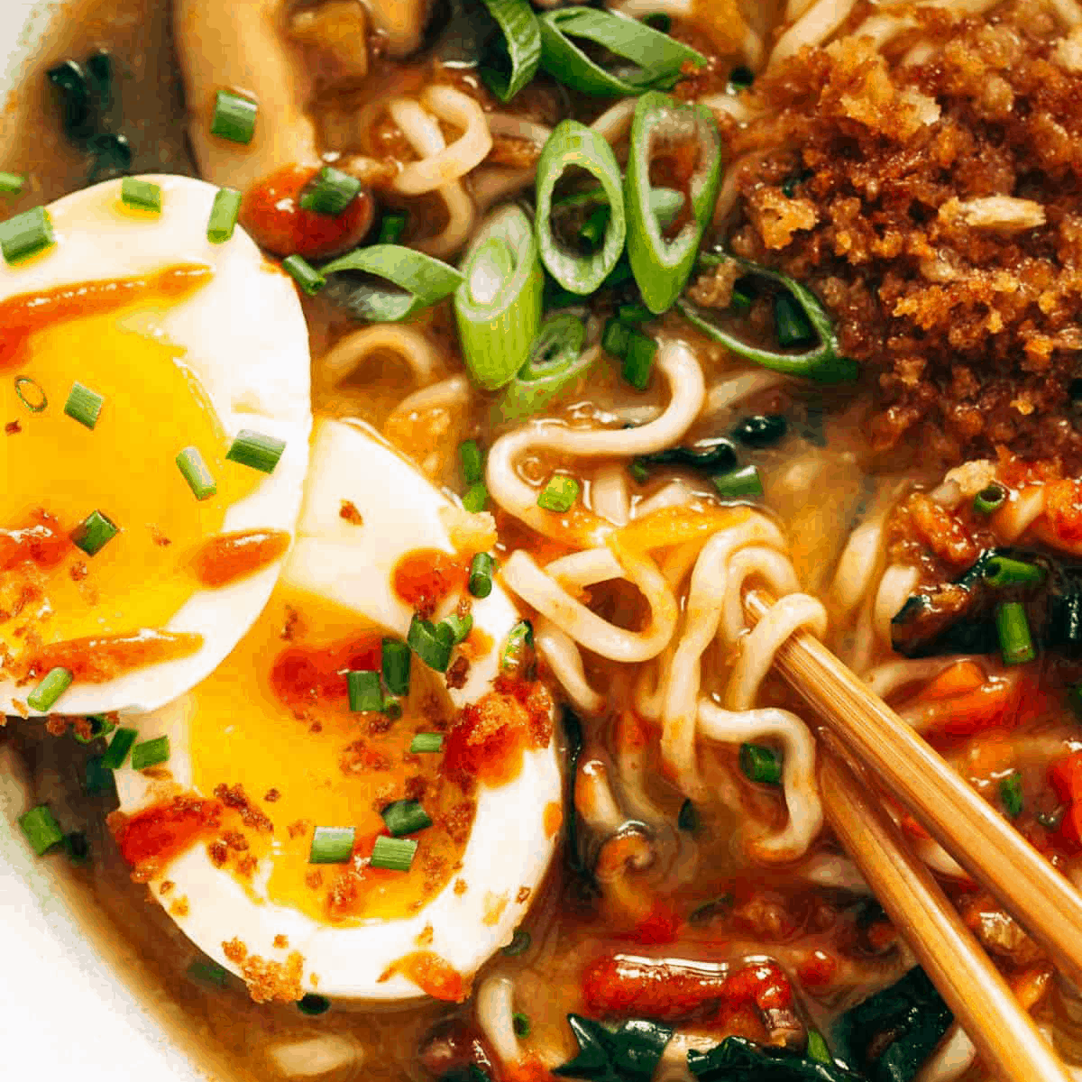 Ramen in a bowl topped with panko and egg.