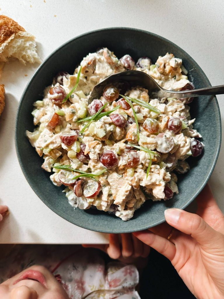 Chicken salad in a bowl.